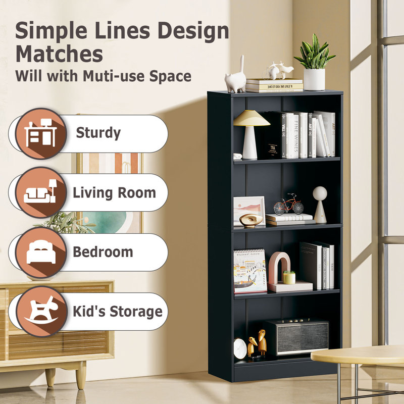 Jalacia Bookcase, (4 Shelves) 55" H x 24" W x 9" D, Black