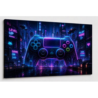 Grand contrôleur de ville futuriste de jeu mural Cyberpunk néon Tech impression sur toile moderne salle de jeu décor 24 x 36 pouces prêt à être accroché