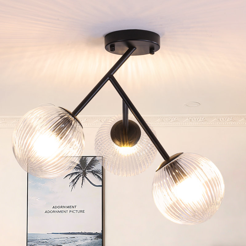 3-Light Modern Sputnik Globe Semi Flush Mount, Matte Black