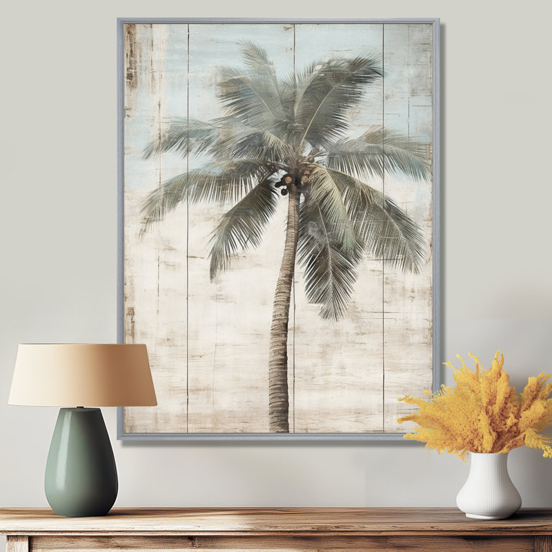 Palmier tropical dans des couleurs rétro délavées - prairie, art mural, H 20 po x l 12 po x P 1 po, Cadre argenté flottant