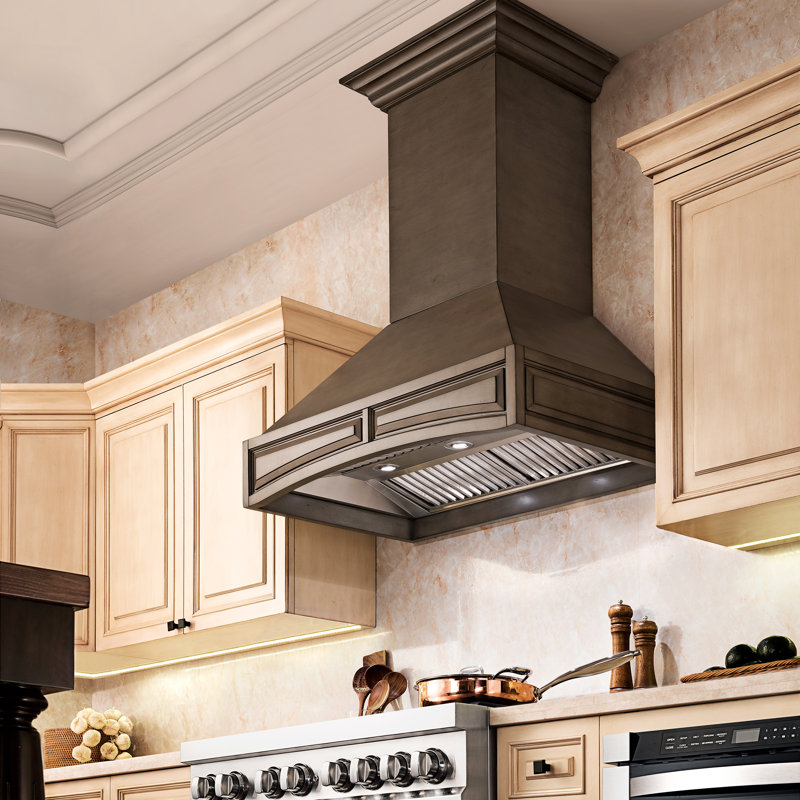 ZLINE 30" Ducted Wooden Wall Mount Range Hood with Dual Remote Blower, Distressed Gray