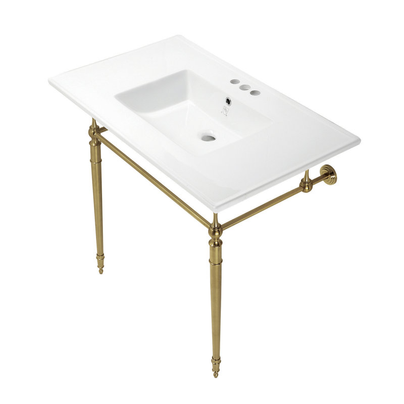 Lavabo de salle de bain console rectangulaire en céramique avec trop-plein Edwardian, Blanc / laiton brossé, Centres de 4 po
