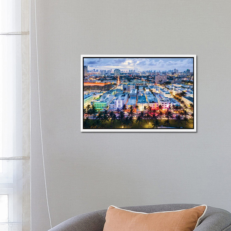 Ocean Drive And Skyline, Miami by Matteo Colombo - Print on Canvas, 45.72cm H x 66.04cm W x 3.81cm D, White Floater Framed