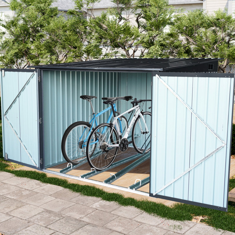Remise de rangement extérieure en métal avec toit incliné et 4 voies à vélo - Rouille noire - Vélo