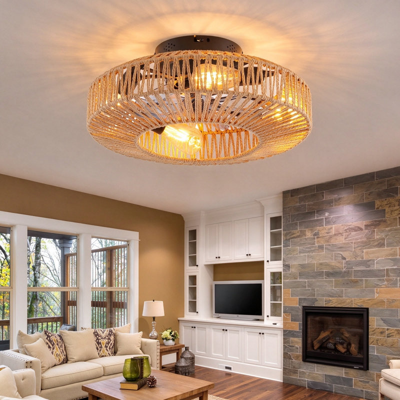 Ventilateur de plafond Socher 20'' style bohème bohème en rotin avec cage, ensemble d'éclairage et télécommande