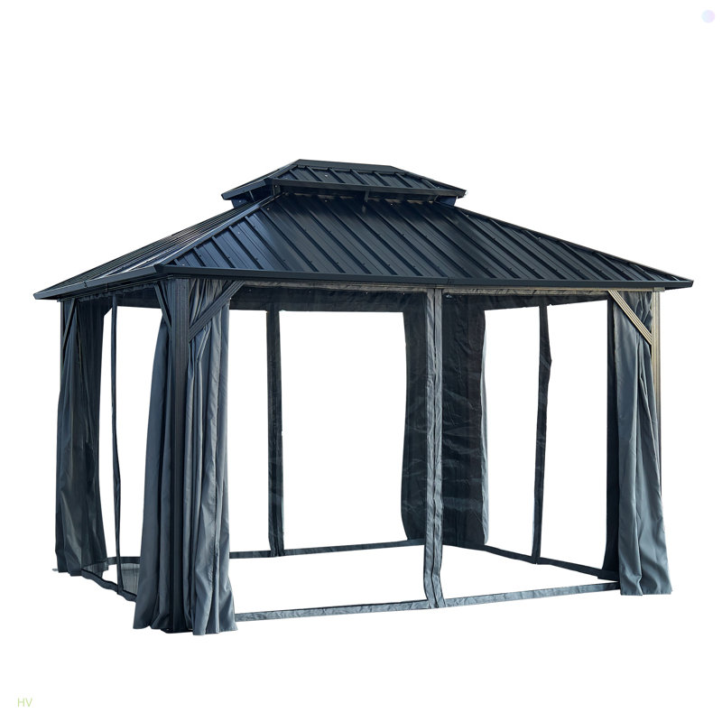 Pavillon de jardin à toit rigide avec double toit en acier galvanisé, structure en aluminium robuste, rideaux et filet pour patio, pelouse et jardin
