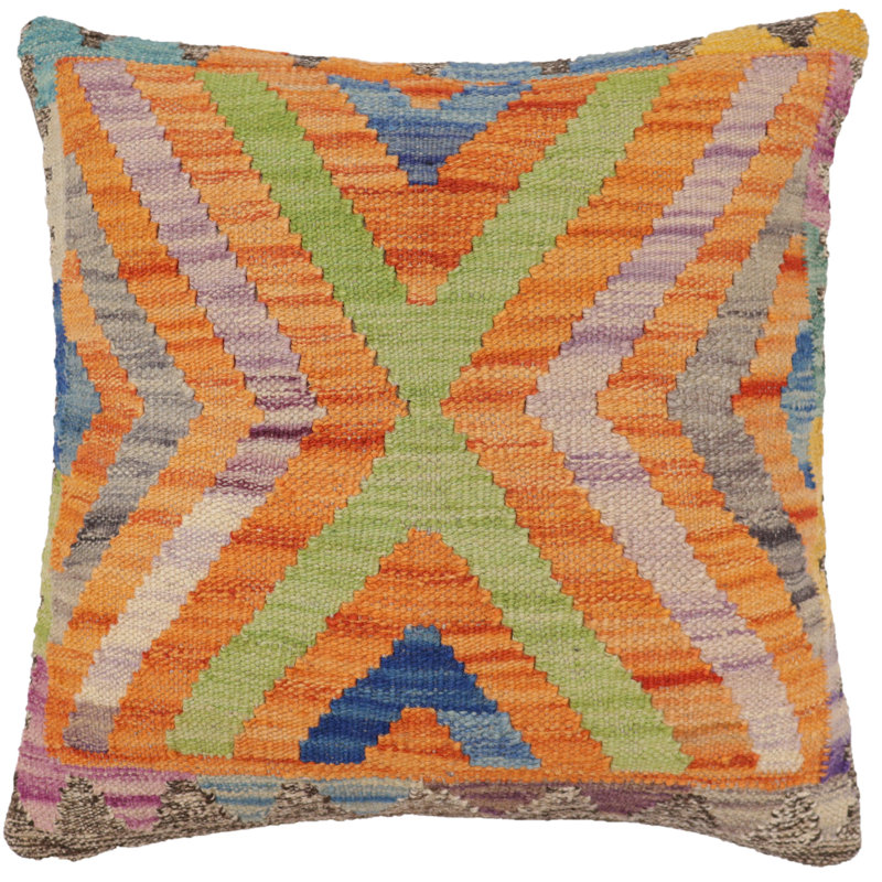Oreiller rustique en kilim tissé à la main Caballer - 17 po x 18 po Rustic, Orange / bleu / mauve / vert, H 18 po x l 18 po