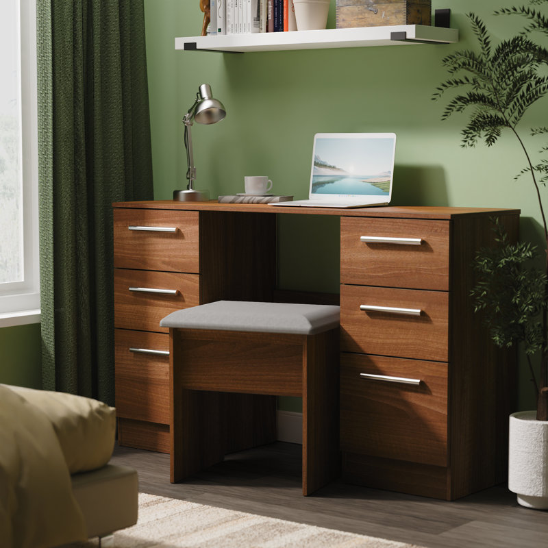 Bhaga 6 Drawer Kneehole Desk  (Ready Assembled), Noche Walnut