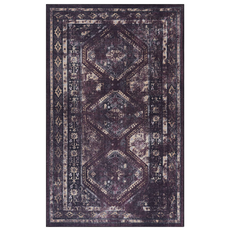 Machine Washable Area Rug 5X8 - Non-Slip, Low-Pile Bedroom, Living Room, Kitchen, Dining Room Floor Cover Pet & Black+Burgundy Non-Shedding, Decoration