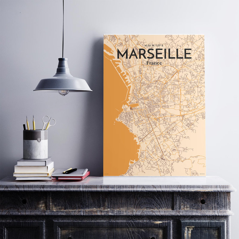 «Marseille City Map», impression, H 27,6 po x l 19,7 po, Orange / or pâle