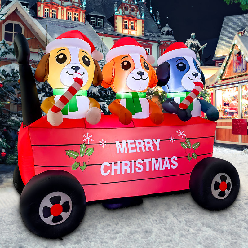 Chariot de Noël gonflable illuminé 6 pi avec trois chiens debout dans une rangée