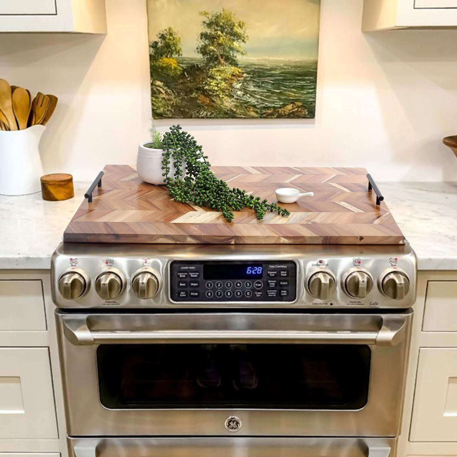 SwallowLiving Acacia Wood Stovetop Cover Board With Handles, Noodle Board Stove Cover For Gas Stove And Electric Stove Top