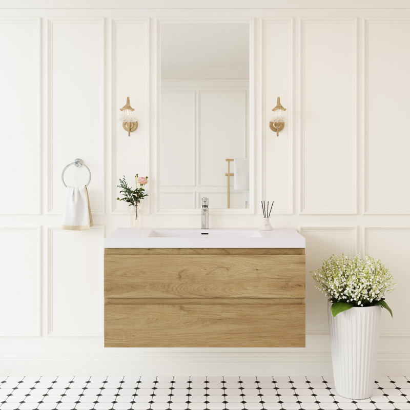 Meuble-lavabo flottant 42 po avec lavabo, rangement mural moderne, aspect chêne naturel, tiroir en résine à fermeture en douceur, installation rapide, meuble-lavabo stable et durable, solide