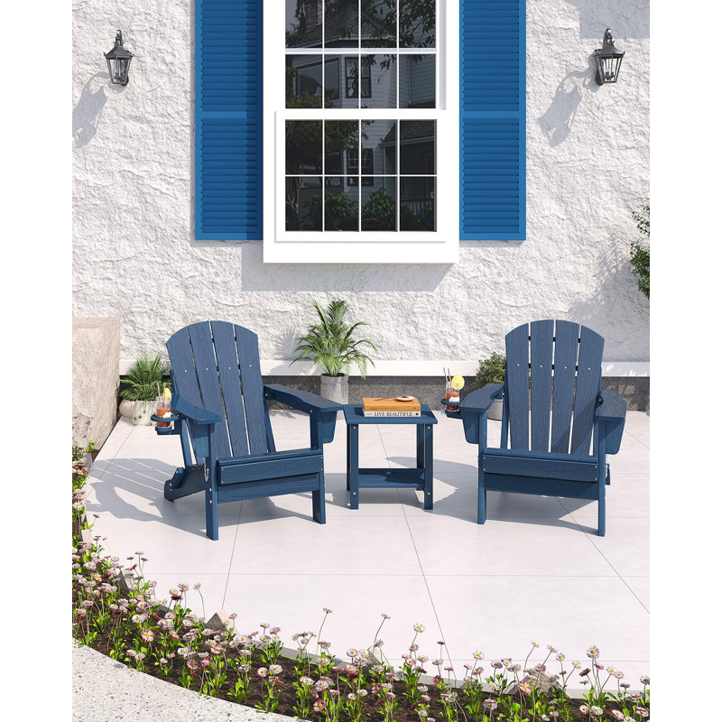All-Weather HDPE Folding Adirondack Chairs Set of 2 – Cup Holders, Embossed Wood Grain Texture, Collapsible, Weather Resistant, Outdoor Patio Seating – Embossed Wood Grain-Navy Blue 2-Pack