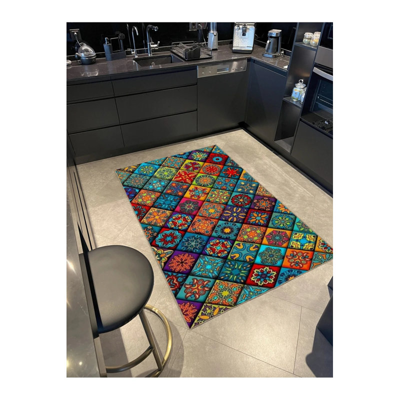 Creative Woven Based Washable Carpet In Diamond-Patterned Mixed Tones, Rectangle 5'2" x 7'7"