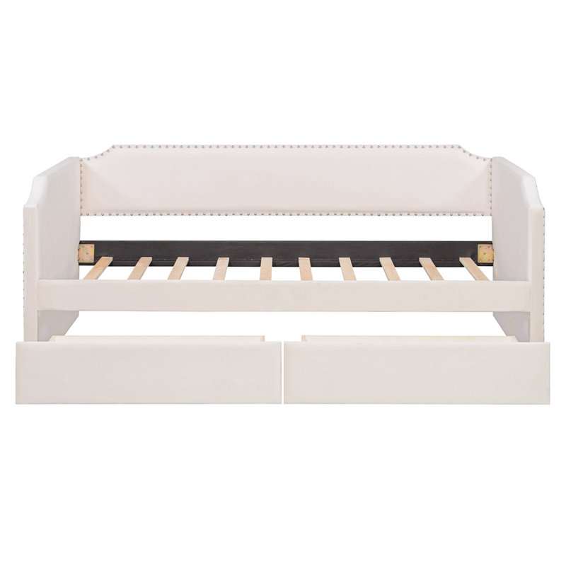 Lit de jour en velours avec 2 tiroirs, Beige