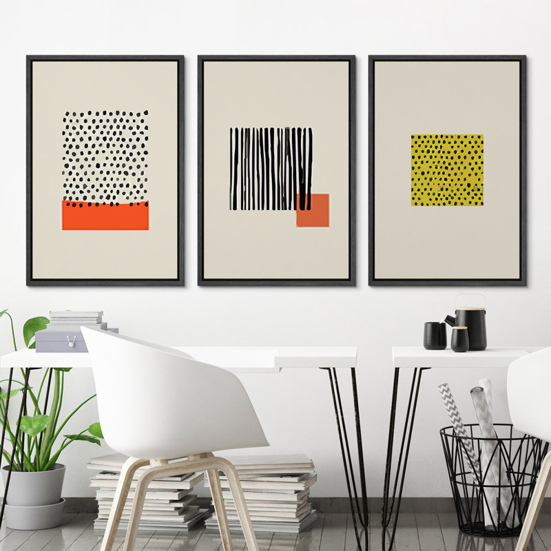 Geometric Abstract Black and Yellow Framed Canvas Art Set