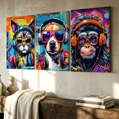 Ensemble de 3 pièces représentant des animaux vibrants avec écouteurs, trois pièces murales pour le salon, la chambre à coucher, le bureau et la maison