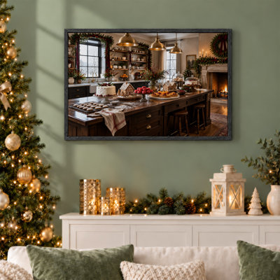 Art mural sur toile, maisons de pain d'épice et gâteries festives sur la cuisine de Noël