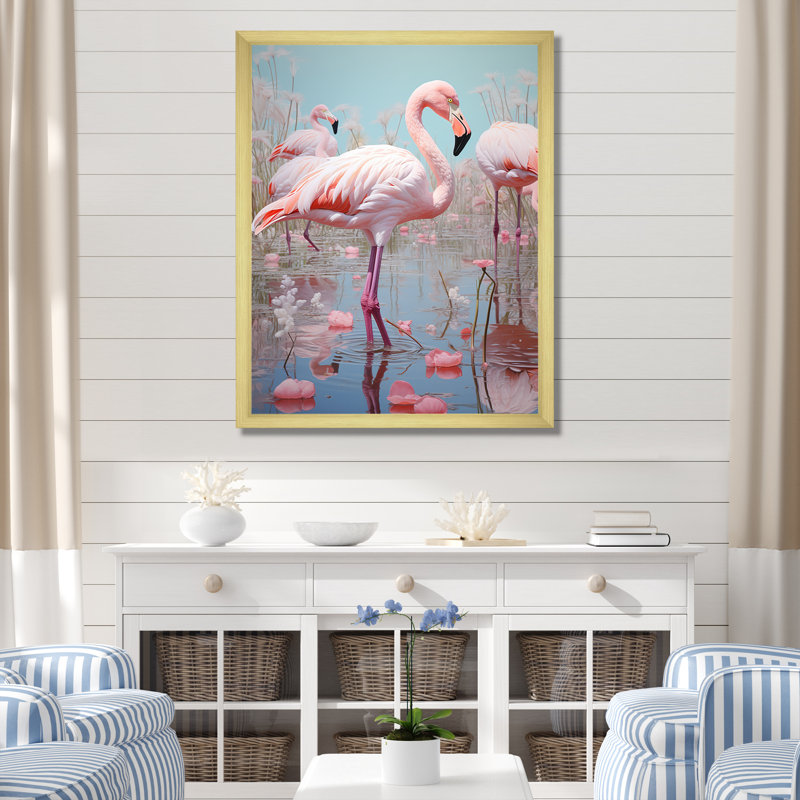«Grand Flamingo Camargues Calm», reproduction sur toile, Cadre doré simple, H 32 po x l 24 po x P 1 po