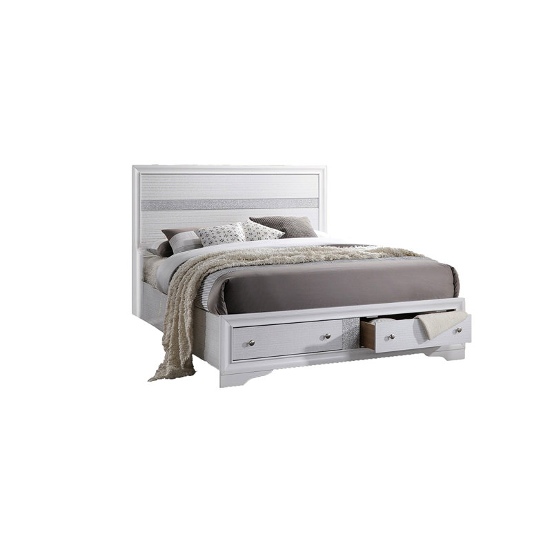 Lit de rangement traditionnel traditionnel en bois blanc avec tiroirs intégrés pour le rangement des couvertures et des oreillers, glissières de tiroir à roulement, élégance de chambre à coucher