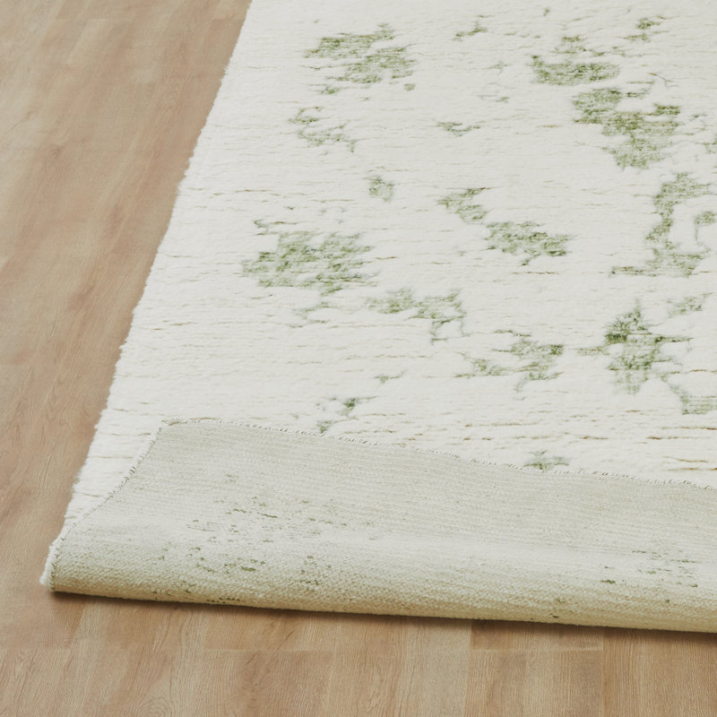 Hand Knotted Wool Abstract Area Rug in White/Green/Cream, Rectangle 9' x 12'