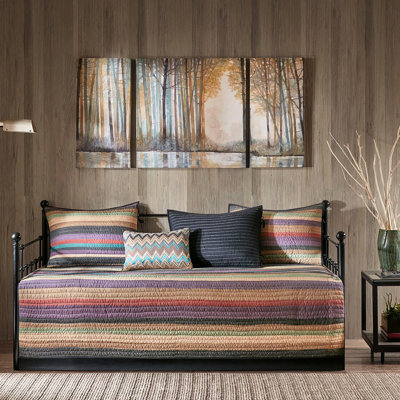 Housse de lit de jour réversible 6 pièces, imprimé à rayures multiples, housse pour matelas simple, housse, 3 taies décoratives, coussin décoratif, pièce lavable à la machine, motif de couleur, matelas, jupe de lit incluse,