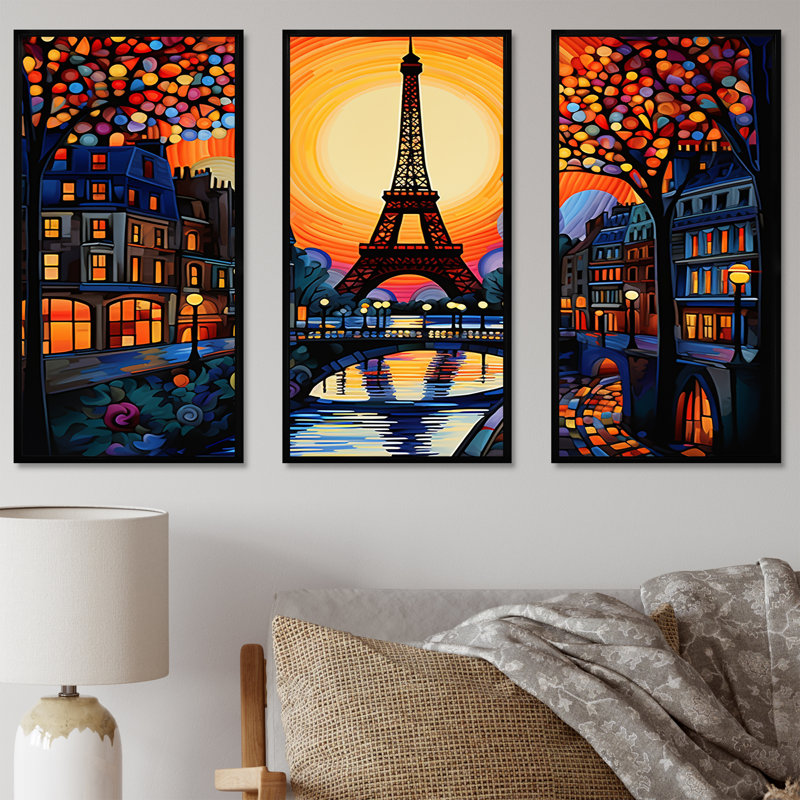 Coucher de soleil jaune et rouge sur Paris - Art mural de la ville de Paris, H 28 po x l 36 po x P 1 po, Cadre flottant noir