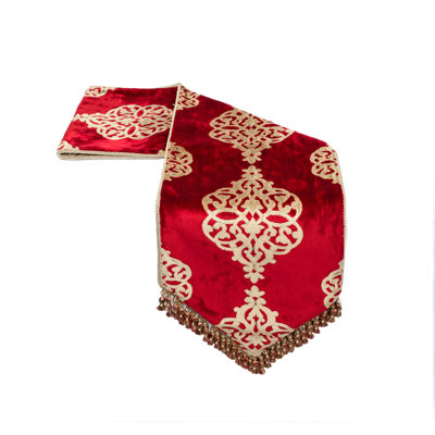 Mackinzie Luxury Medallion, European Cut Velvet Table Runner, With Faux Silk Lining And Beaded Tassel Fringe.