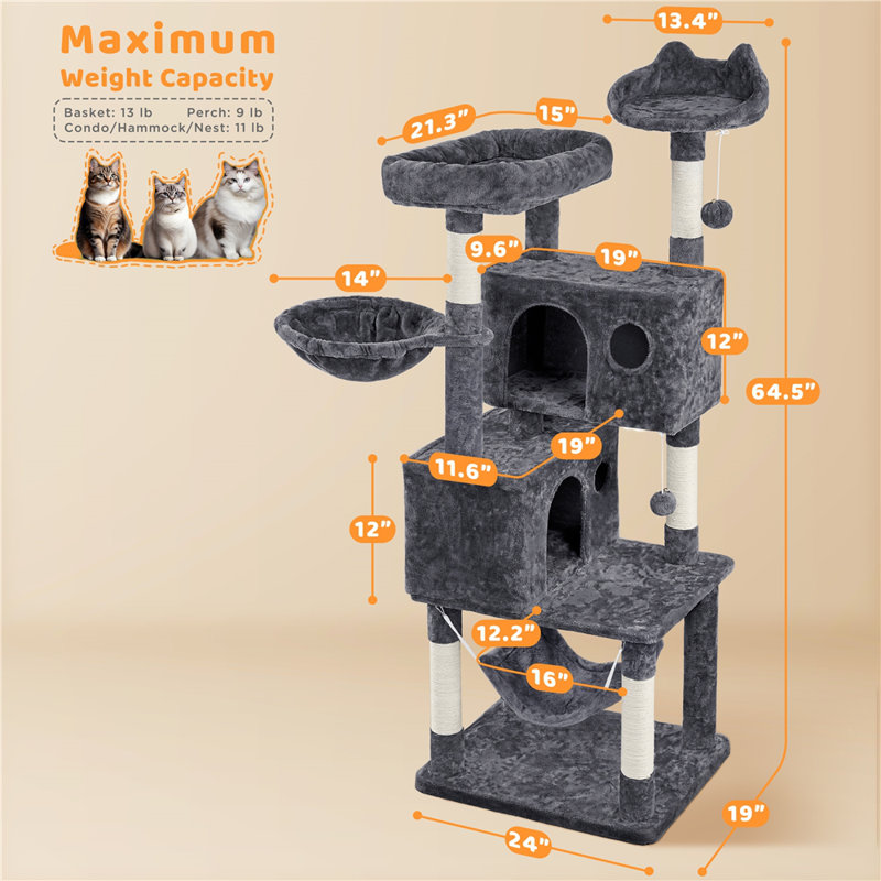Daughtry 64.5" H Multi-Level Cat Tree, Dark Gray