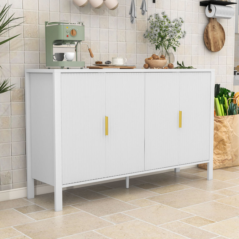 Buffet moderne à rayures avec crochets latéraux, tablettes réglables et supports cachés à l'arrière, Blanc