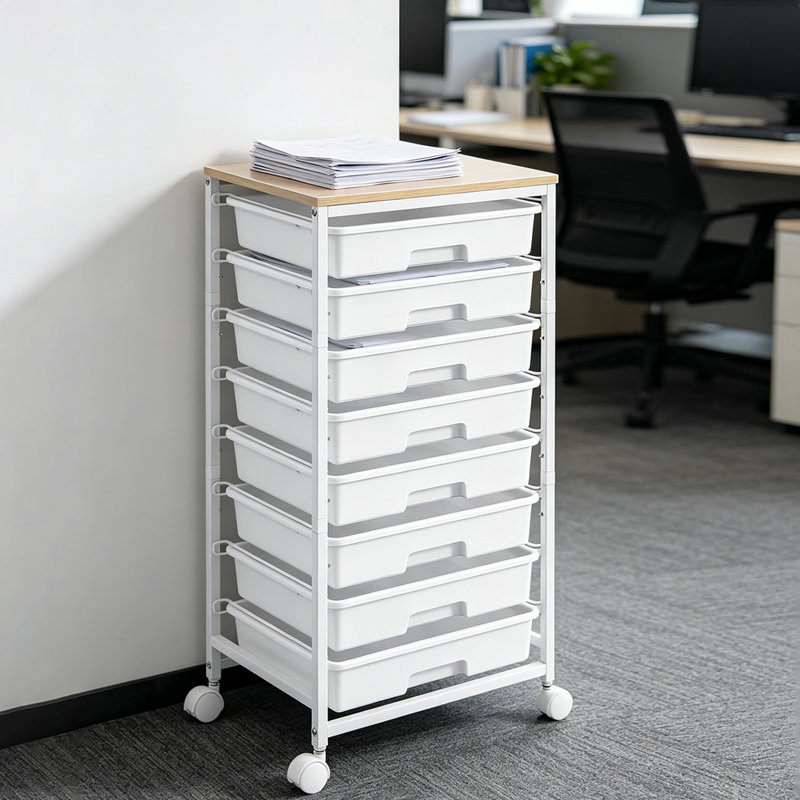 Chariot de rangement roulant avec tiroirs et plateau de table en bois, armoire de rangement de bureau, White