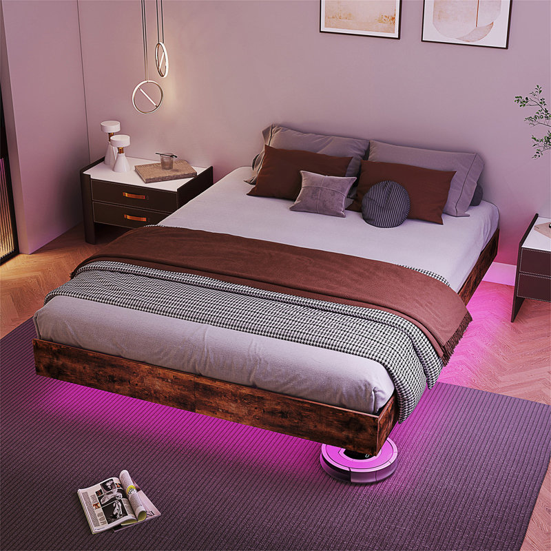 King Size Floating Bed Frame With LED Lights, Heavy Duty Metal Platform, King