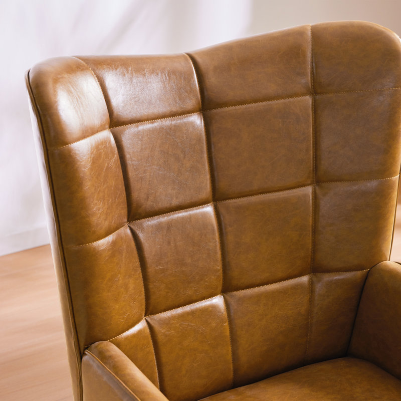 Fauteuil à oreilles Ardyn, Bois brun, Similicuir brun