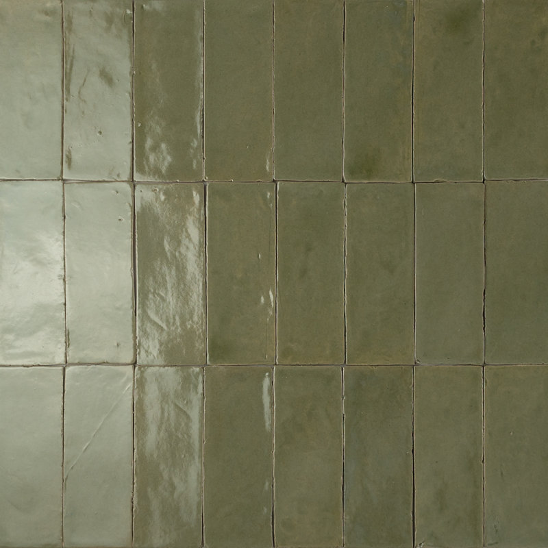 Morokko 2" x 6" Handmade Zellige Glossy Wall Tile, Bejmat Olive Light Green