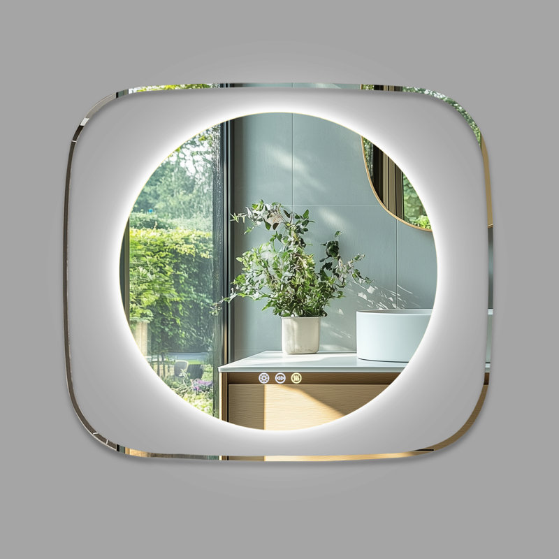 Stylish Stone Border Irregular Led Wall Mirror Bathroom Vanity Mirror With Blaklit 3 Color Temperature Lights Anit-Fog Dimmable, 3 Touch Sensor Switch