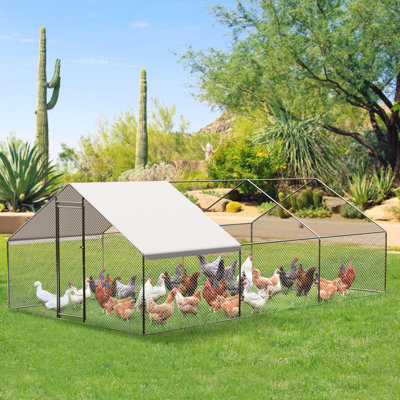 Grand poulailler en métal, cage à volaille, poulailler avec housse imperméable et anti-ultraviolette pour jardin extérieur argenté 9,8 x 19,7 x 6,6 pi