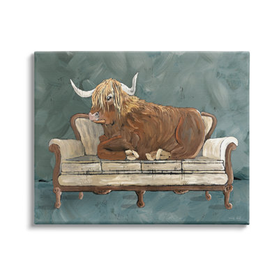 " Shaggy Cattle Resting Living Room Couch Green Gray " Painting Print