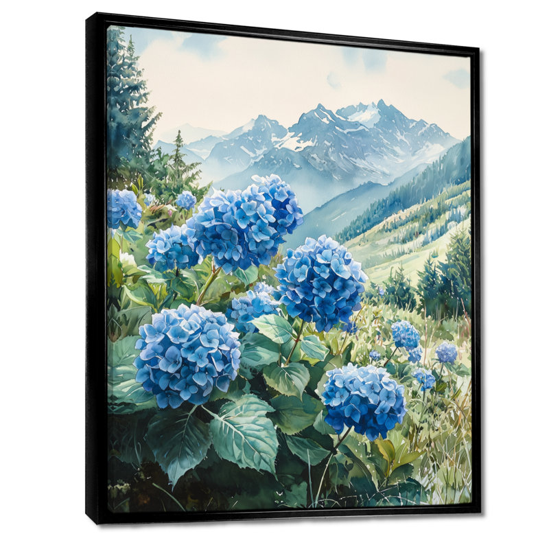 Hydrangées dans la prairie de montagne II - impressions sur toile d'hortensias, H 20 po x l 12 po, Noir