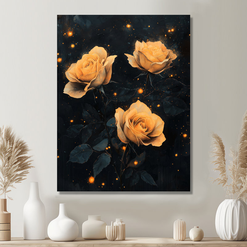 «Midnight Vintage Rose Flowers Elegance III», reproduction d'art moderne sur métal, roses, art mural en métal