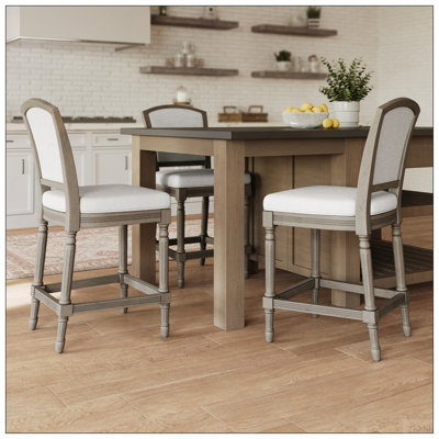 Tabouret de bar 26 po à hauteur de comptoir gris patiné avec siège et dossier rembourrés gris, 1 pièce