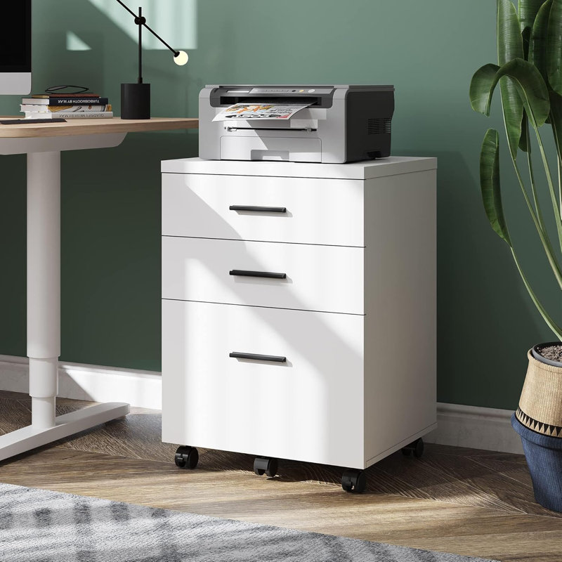 White Wood 3-Drawer Rolling Filing Cabinet with Wheels