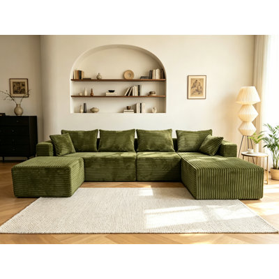 Boneless 118"u Shape Modular Sectional Sofa, Compressed Sectional Sofa Modern Minimalist Style Corduroy Couch, Sleeper Sofa For Living Room, Bedroom, Comfy Compressed Sofa Couch Space-efficient Design Right Green