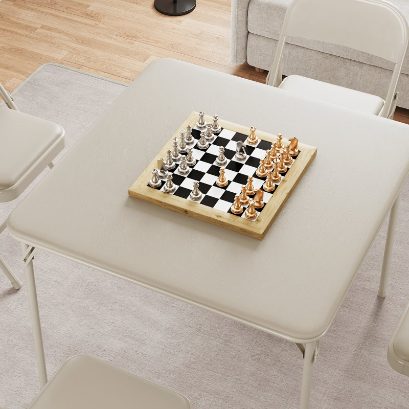 Folding Table, 33.6-Inch Portable Square Folding Card Table,  Metal Folding Table With Pu Soft Cushion 4 Chairs, Cream