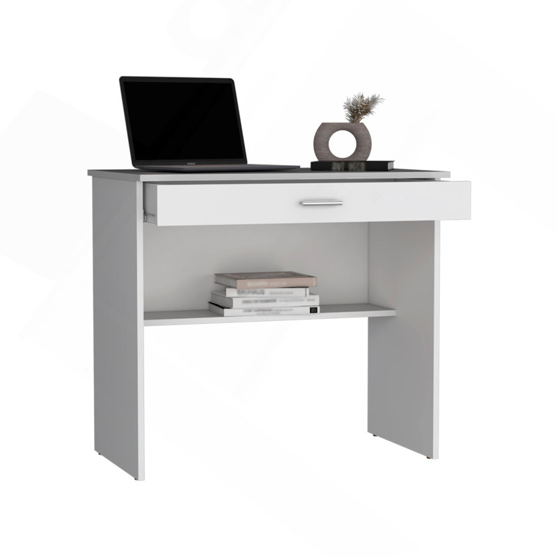 80 C Writting Desk, Compact Workstation With Drawer And Lower Shelf, White