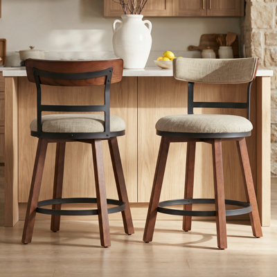 Ensemble de 2 tabourets de bar modernes de 26 po d'épaisseur avec dossier courbé en frabic et pieds en bois massif et structure en métal mat, tabourets de bar à hauteur de comptoir pour Kicthen Island, kaki