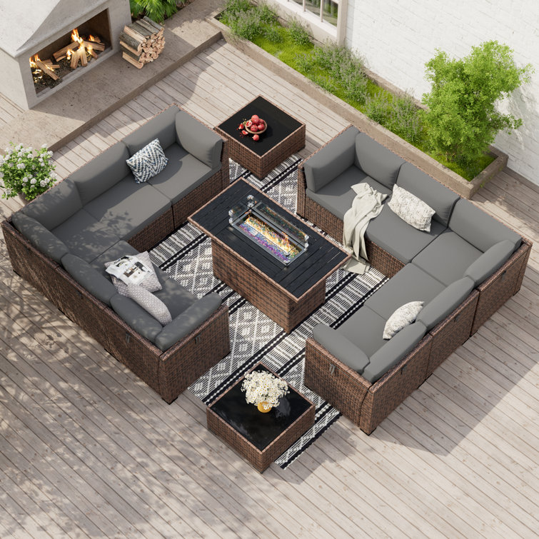 Treyshun Modular 10-Person Rattan Sectional Conversation Sets With Fire Pit Table