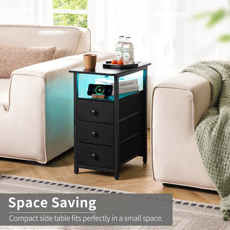 Black Metal and Fabric 3-Drawer Nightstand with LED Lighting