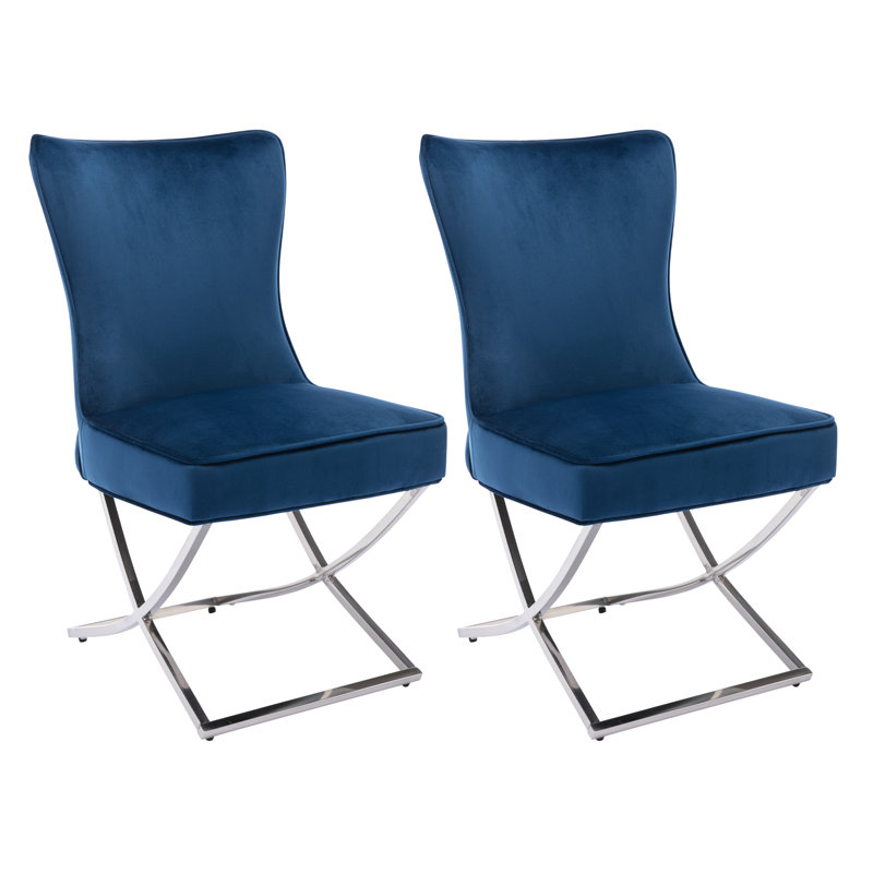 Chaise parsons rembourrée en velours capitonné Chary, Bleu foncé