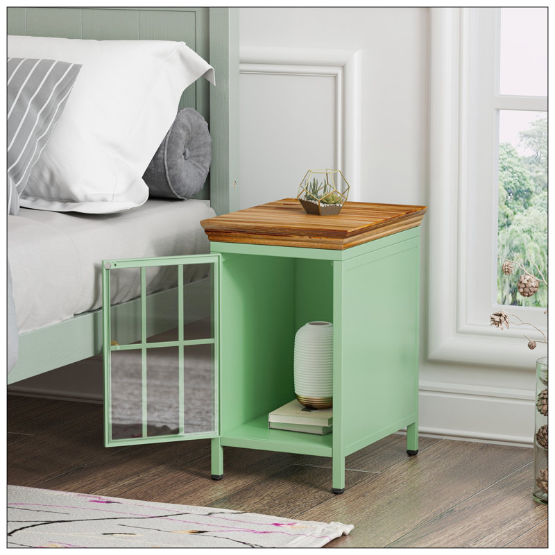 Table de chevet avec armoire de rangement et plateau de table en bois massif Svavar, 2 pièces, Vert, Individuel